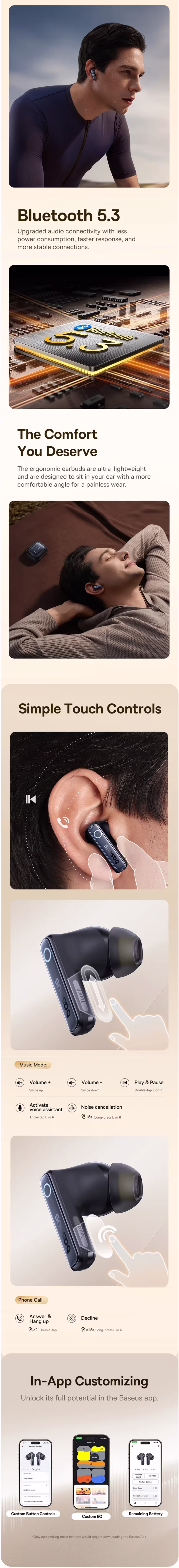 Baseus Bowie-35 True Wireless Earbuds infographics