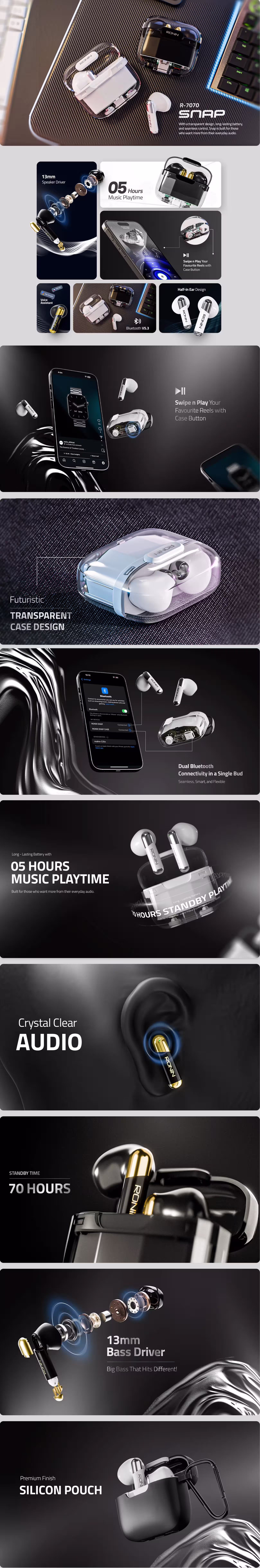 Ronin Snap R-7070 Earbuds infographic