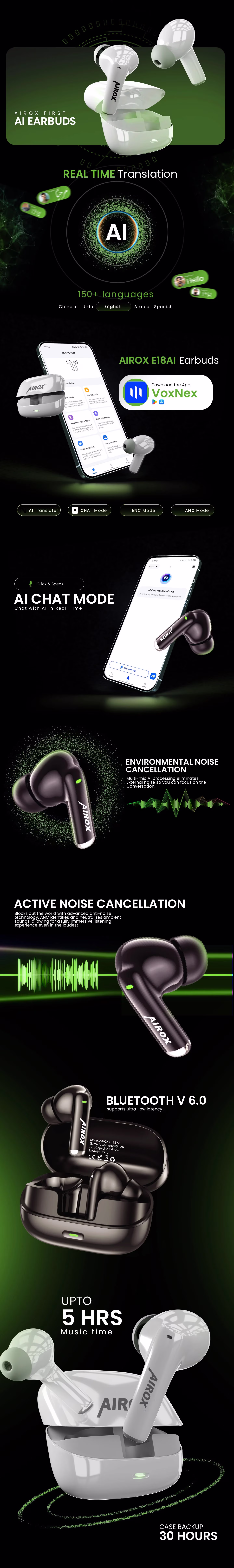 Airox E18 Pro Ai Live Translation Earbuds with ANC & ENC
