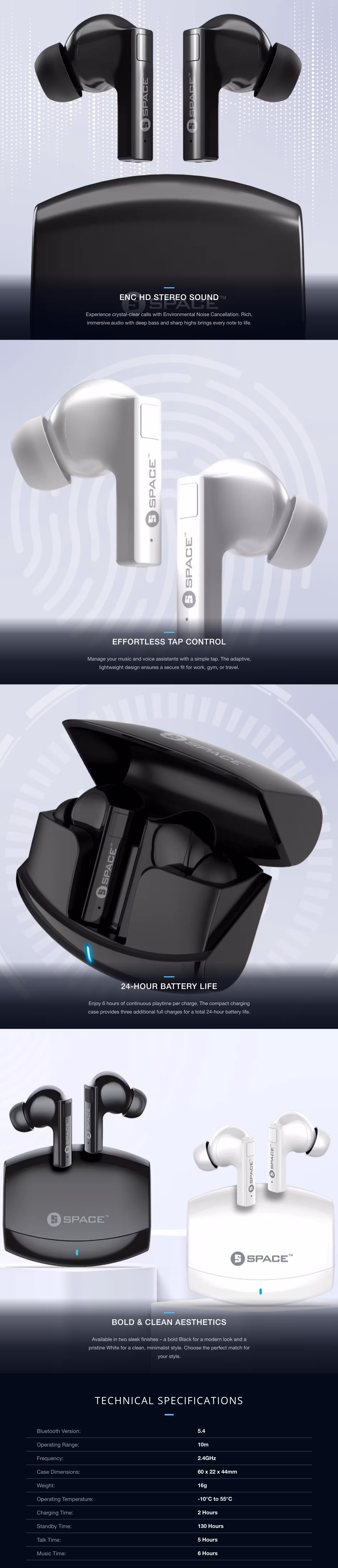 Space T7 ENC True Wireless Earbuds Infographic