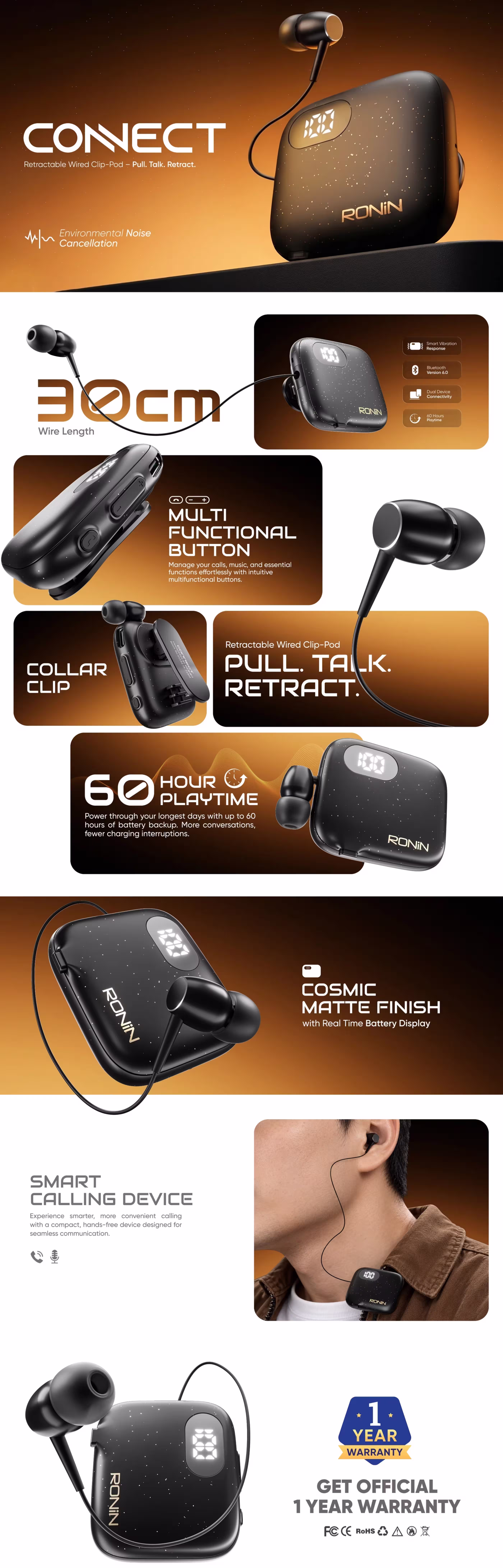 Ronin Connect R-7180 Retractable Calling Earphone Infographic